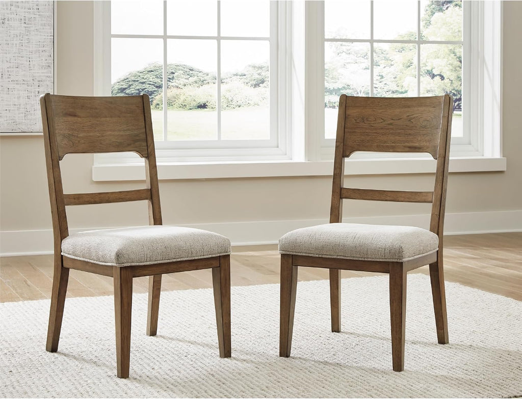 Signature Design by Ashley Cabalynn Upholstered Dining Chairs – Set of 2 Comfortable Side Chairs for Kitchen & Dining Room, Farmhouse Modern Style, Brown/Tan Fabric, Solid Hardwood Frame