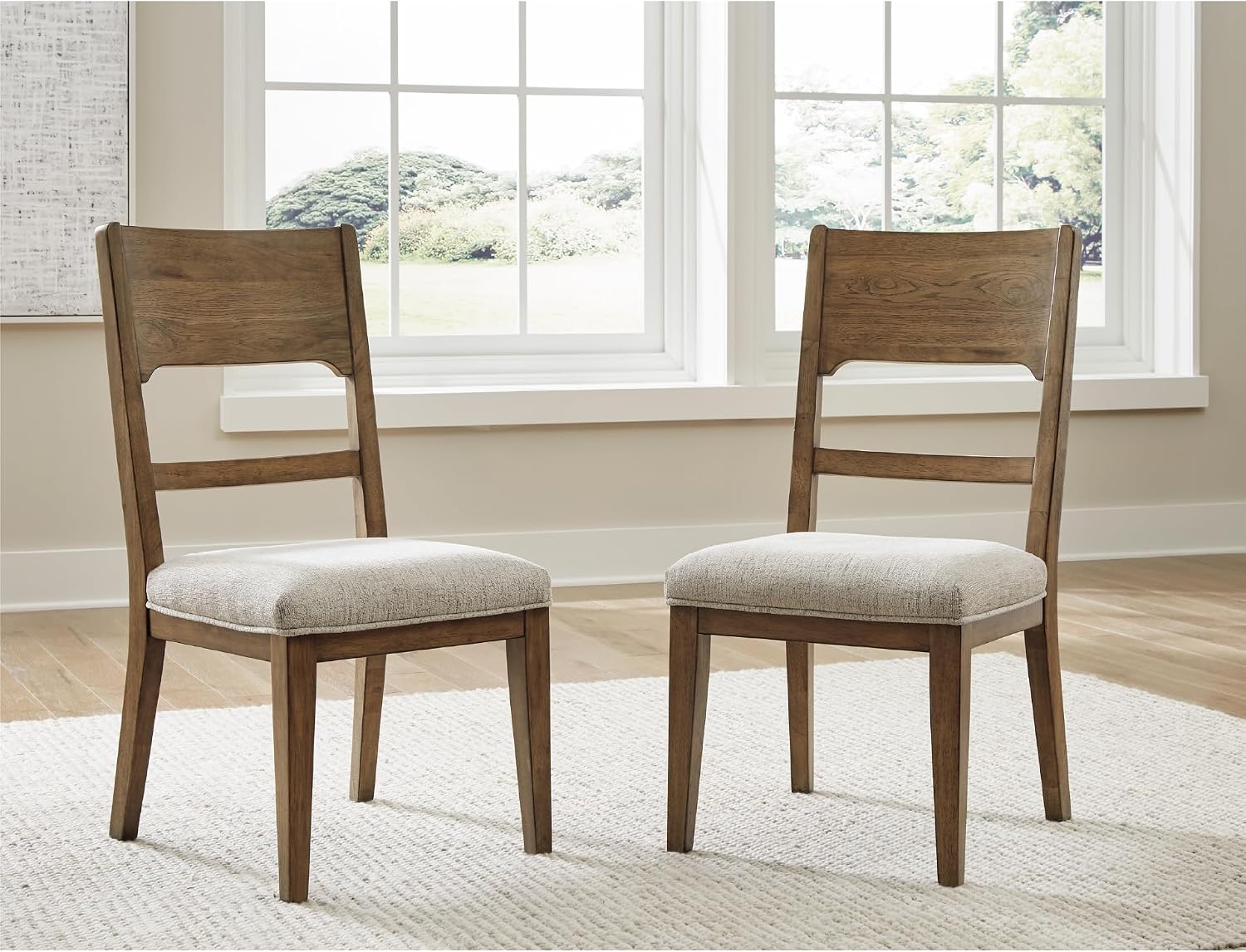 Signature Design by Ashley Cabalynn Upholstered Dining Chairs – Set of 2 Comfortable Side Chairs for Kitchen & Dining Room, Farmhouse Modern Style, Brown/Tan Fabric, Solid Hardwood Frame