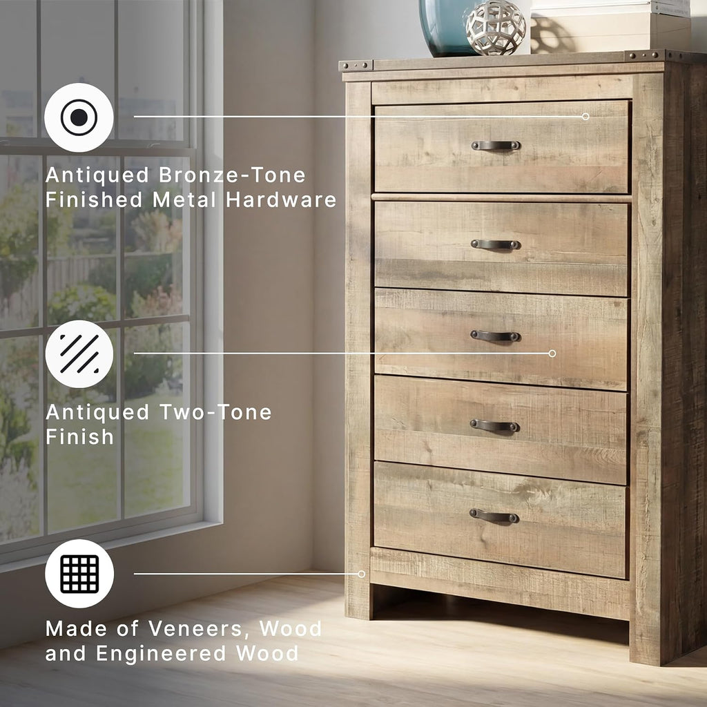 Signature Design by Ashley Trinell Rustic 5 Drawer Chest of Drawers with Nailhead Trim, Warm Brown