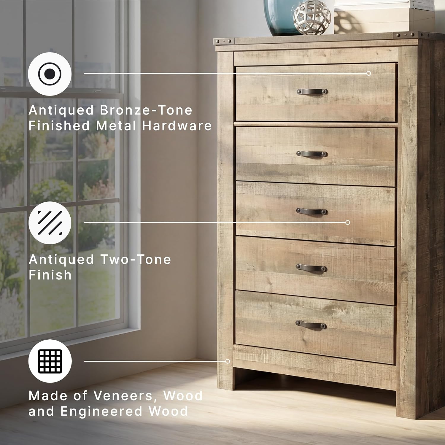 Signature Design by Ashley Trinell Rustic 5 Drawer Chest of Drawers with Nailhead Trim, Warm Brown