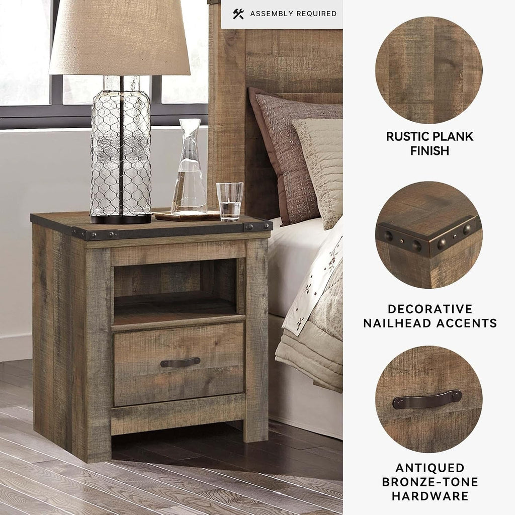 Signature Design by Ashley Trinell Rustic 1 Drawer Nightstand, USB Charing, Storage Cubby, Nailhead Accents, Wood, 24.72" W x 16.18" D x 26.22" H, Warm Brown