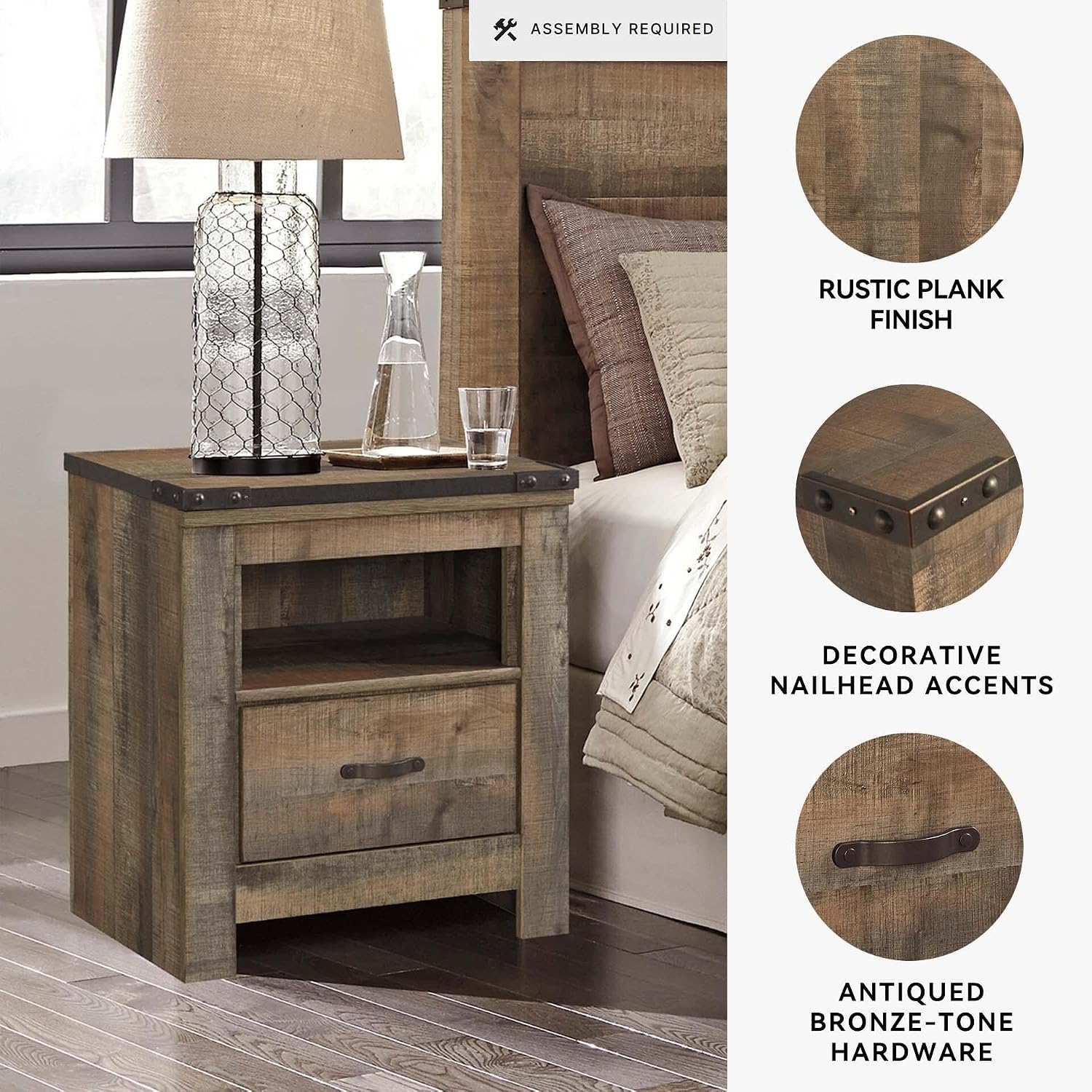 Signature Design by Ashley Trinell Rustic 1 Drawer Nightstand, USB Charing, Storage Cubby, Nailhead Accents, Wood, 24.72" W x 16.18" D x 26.22" H, Warm Brown