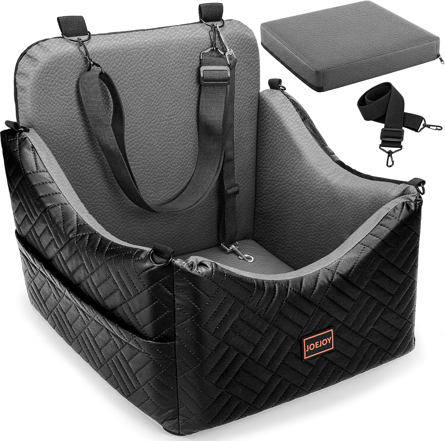 JOEJOY Dog Car Seats for Small Medium Dogs Under 35lbs, Dog Booster Seat with Detachable Washable Cover and Cushion, Memory Foam Pet Car Seat with Safety Belt and Storage Pockets (Black)