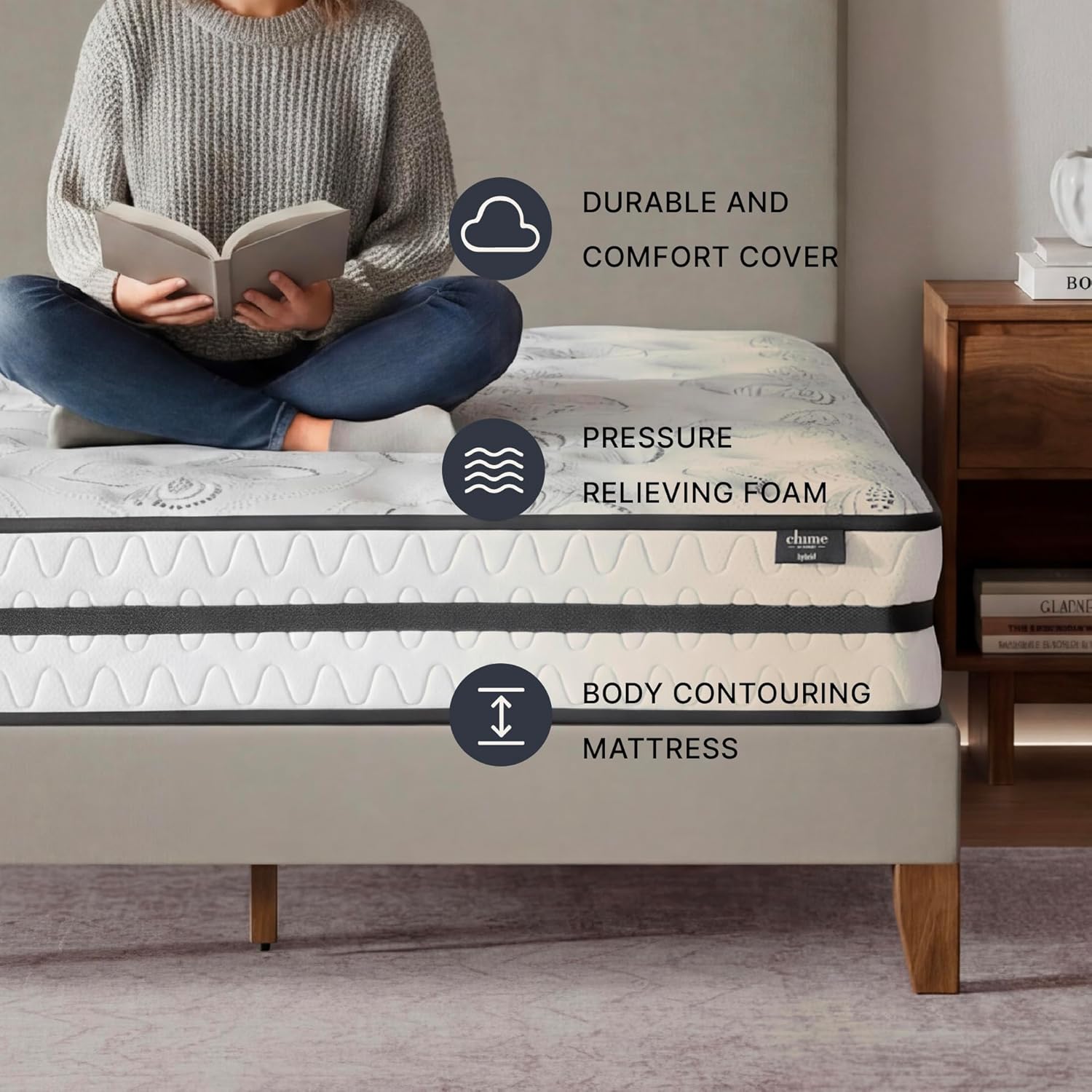 Signature Design by Ashley Queen Size Chime 10 Inch Medium Firm Hybrid Mattress with Cooling Gel Memory Foam for Pressure Relief, Fiberglass-Free, Mattress In A Box
