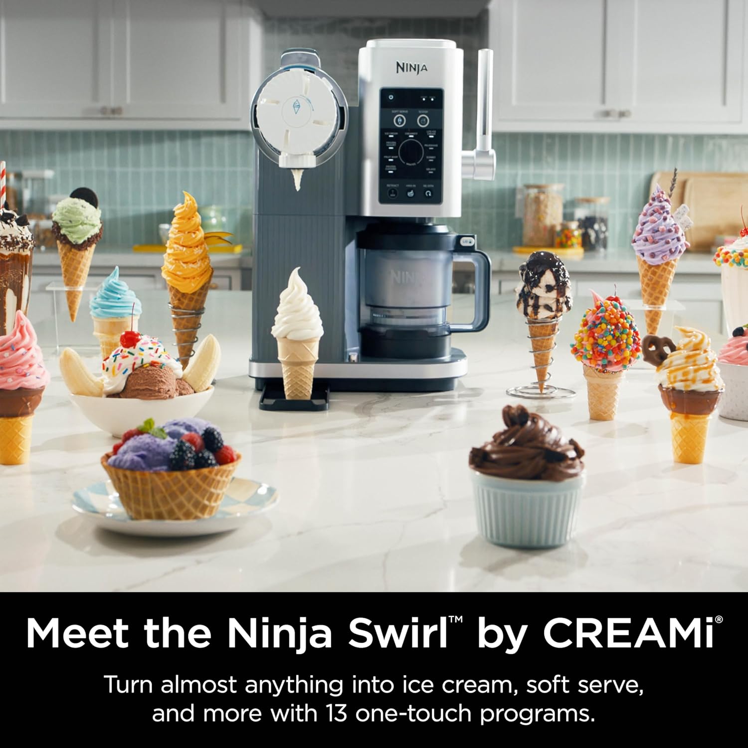 Ninja (Refurbished) Swirl by CREAMi Ice Cream and Soft Serve Maker, Sorbet, Milkshake, Frozen Yogurt, Low Calories Program 13-in-1, Soft Serve Handle, (2) CREAMi Swirl 16oz Pints (Renewed)