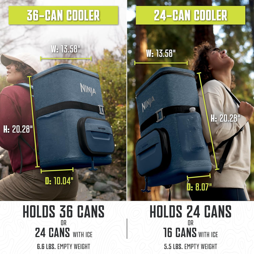 Ninja Backpack Cooler | FrostVault Go 24 Can Soft Cooler | Leakproof Zipper with Built in Can Opener, 2 Ice Packs & Dry Storage Drawer | for Hiking, Camping & More | Halocline Green | FF124TL