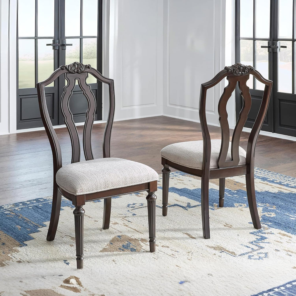 Signature Design by Ashley Traditional Upholstered Side Chairs, Dining Chairs Set of 2, Hardwood and Engineered Wood Frame with Cherry Brown Finish, Ideal for Formal Dining Rooms, Tan