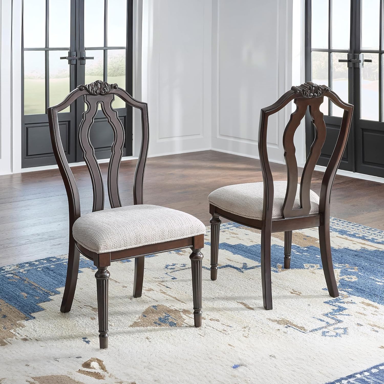 Signature Design by Ashley Traditional Upholstered Side Chairs, Dining Chairs Set of 2, Hardwood and Engineered Wood Frame with Cherry Brown Finish, Ideal for Formal Dining Rooms, Tan