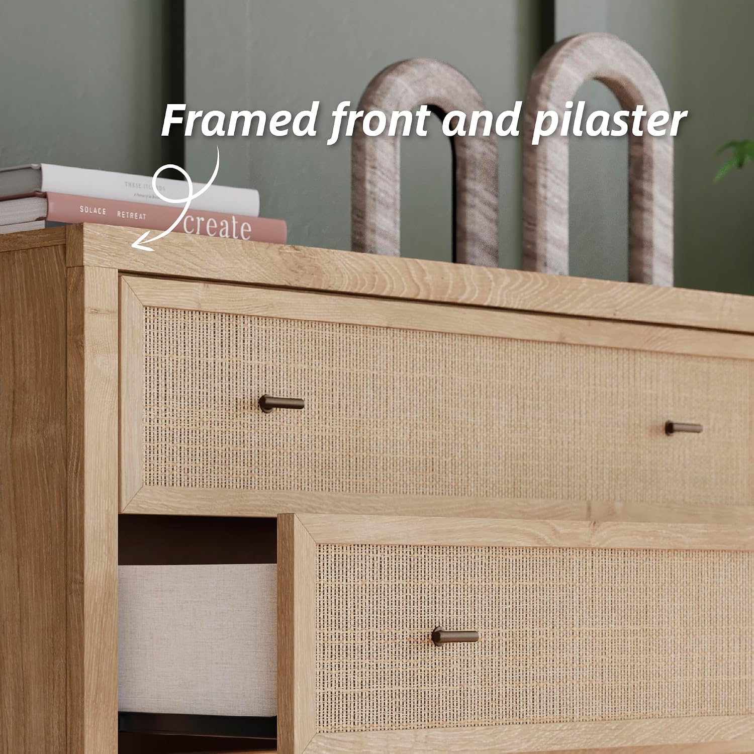 Signature Design by Ashley Cielden Contemporary Chest of Drawers with Textured Cane Details and 5 Drawers, Bronze Knobs, Wood, 52.48" High, Light Brown
