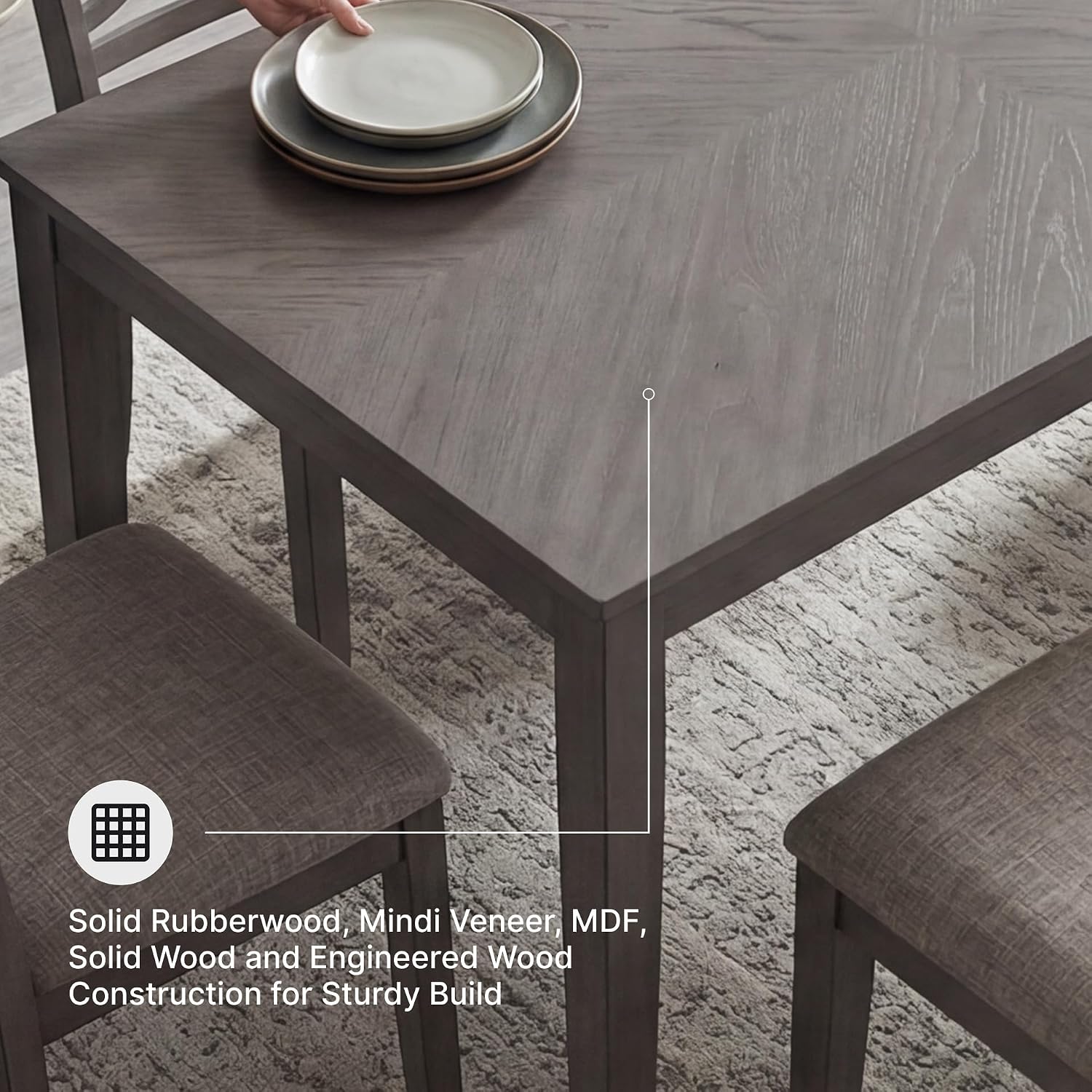 Signature Design by Ashley Wrenning Diamond Patterned Dining Table Set, 4 Upholstered Chairs and Bench, Seats 6, Wood, Gray