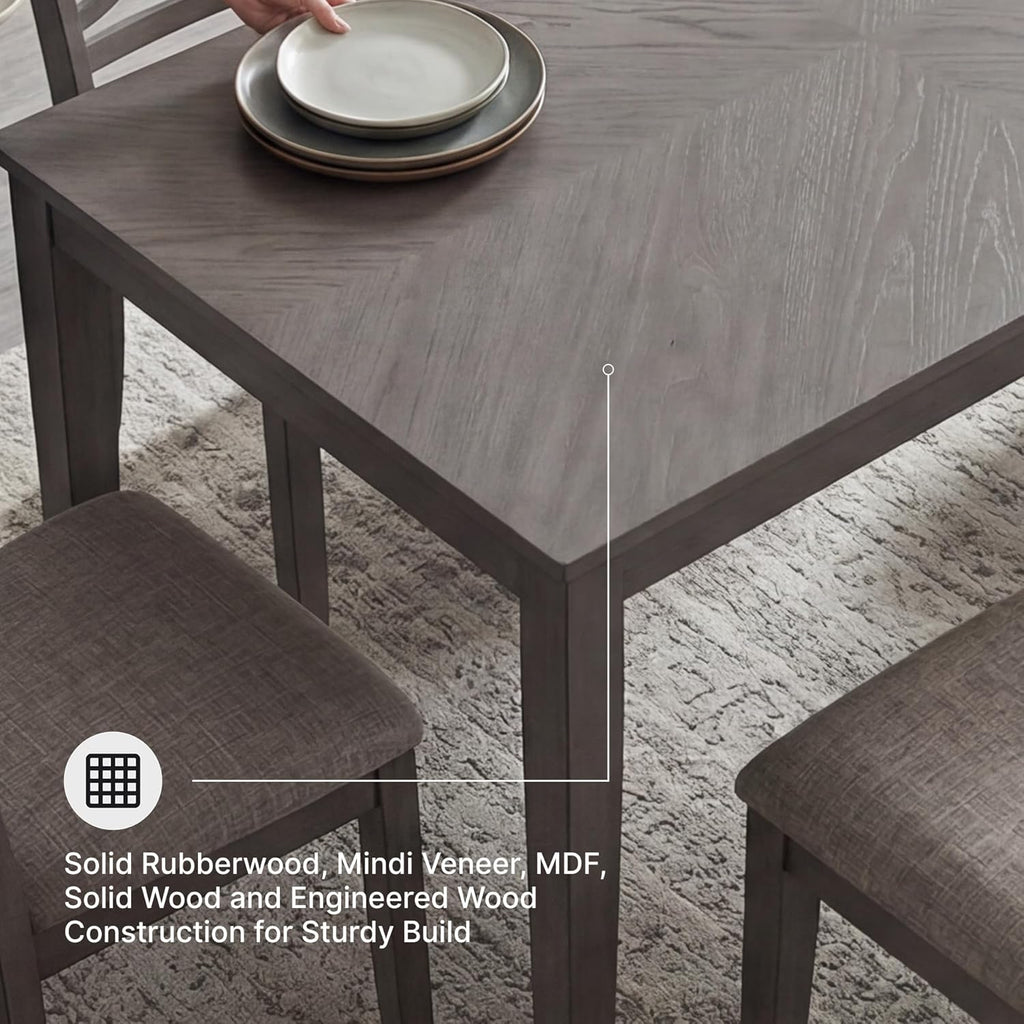 Signature Design by Ashley Wrenning Diamond Patterned Dining Table Set, 4 Upholstered Chairs and Bench, Seats 6, Wood, Gray
