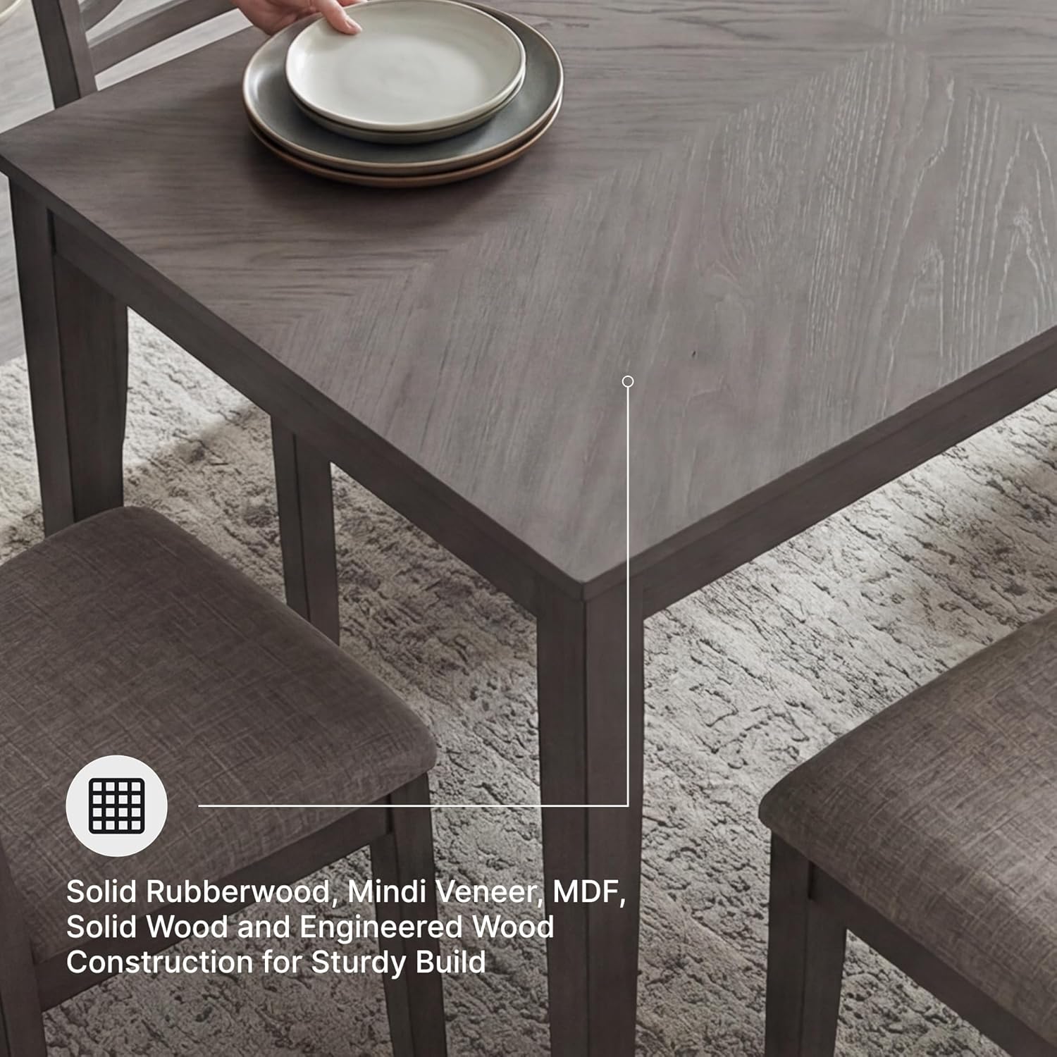 Signature Design by Ashley Wrenning Diamond Patterned Dining Table Set, 4 Upholstered Chairs and Bench, Seats 6, Wood, Gray