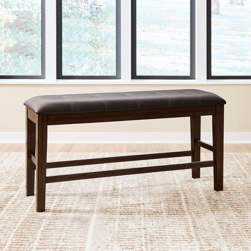 Signature Design by Ashley Haddigan Casual Tufted Faux Leather Upholstered Counter Height Dining Bench with Oak Finish, Dark Brown