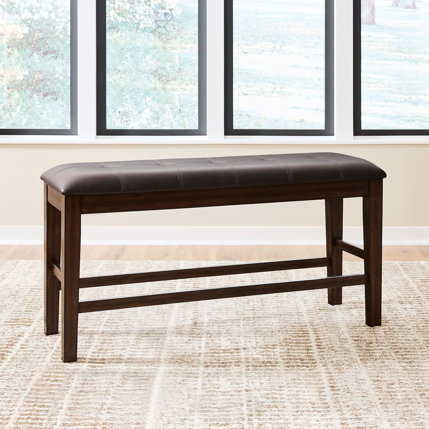 Signature Design by Ashley Haddigan Casual Tufted Faux Leather Upholstered Counter Height Dining Bench with Oak Finish, Dark Brown