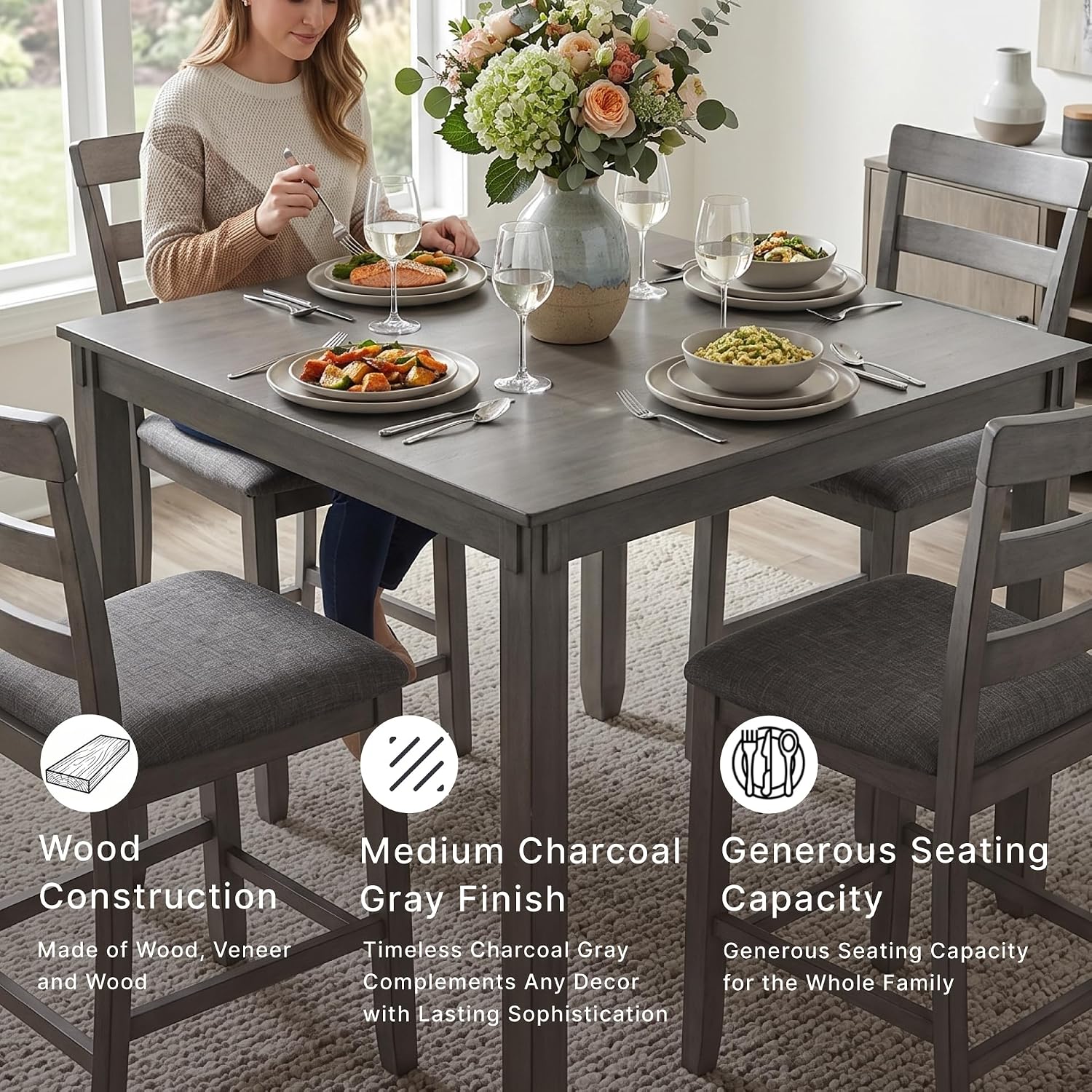 Signature Design by Ashley Bridson 5 Piece Dining Room Set, Includes Table & 4 Ladderback Barstools, Wood, Gray