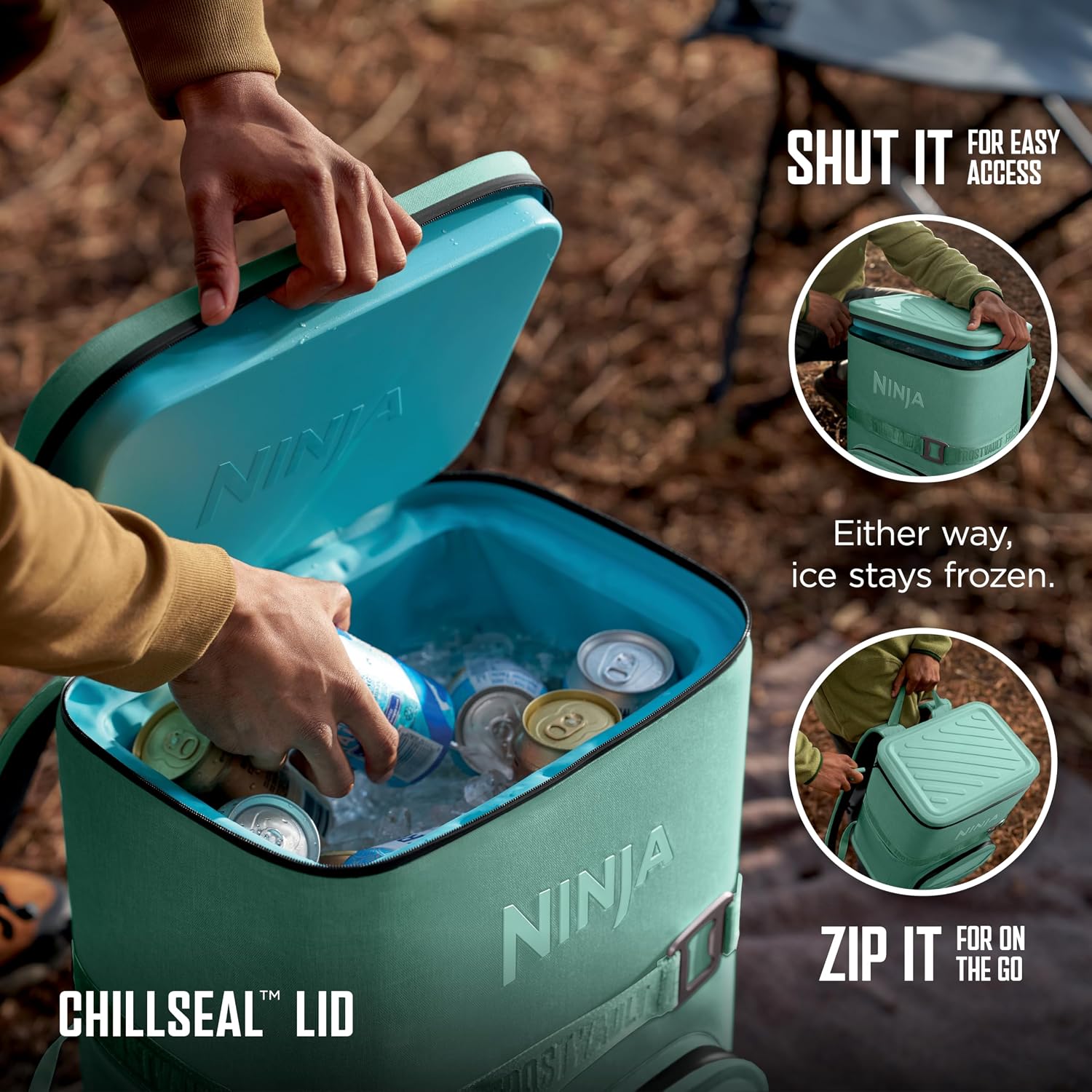 Ninja FrostVault Go Can Soft Cooler, 24, 36, Leak Proof, Built-in Cup Holder, 2 Ice Packs and Dry Storage Drawer, Polyester Insulation, Hiking, Camping, Picnic