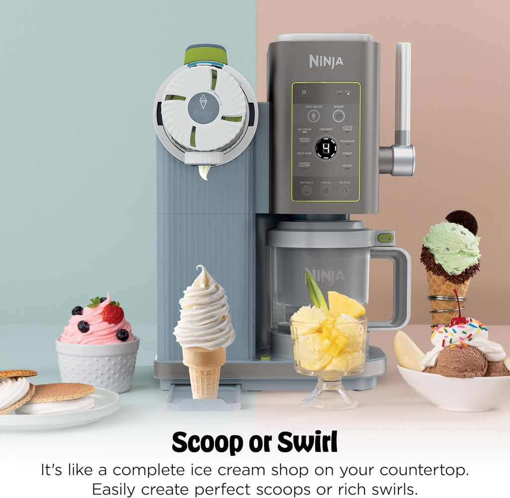 Ninja CREAMi Scoop & Swirl Ice Cream Maker, Soft Serve Desserts, Sorbet, Milkshakes, Frozen Yogurt and More, 13-in-1 Programs, Includes Handle and Two 16 oz 2-in-1 Pints, Blue, NC701ND