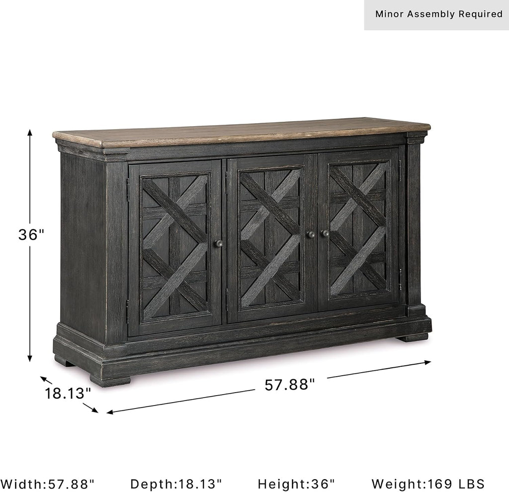 Signature Design by Ashley Tyler Creek Vintage Casual Dining Room Buffet Cabinet or Server with 3 Doors and Lattice Design, Wood, 36" High, Black & Gray