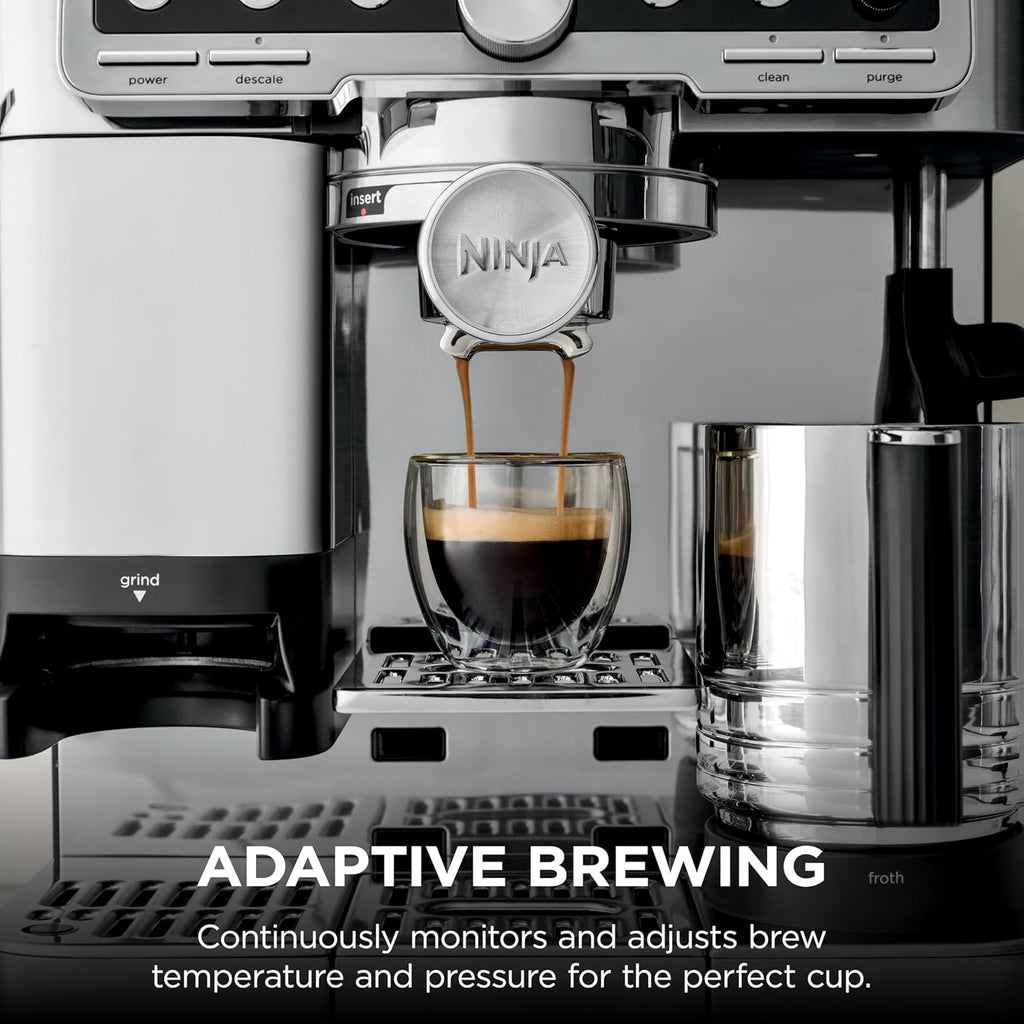 Ninja Luxe Café Pro Series, Espresso Machine, Drip Coffee, Cold Brew, Hot Water, Integrated Tamper, Built-in Grinder, Hands-Free Frother for Cappuccinos, Lattes, Americanos, Dairy or Non-Dairy, ES701