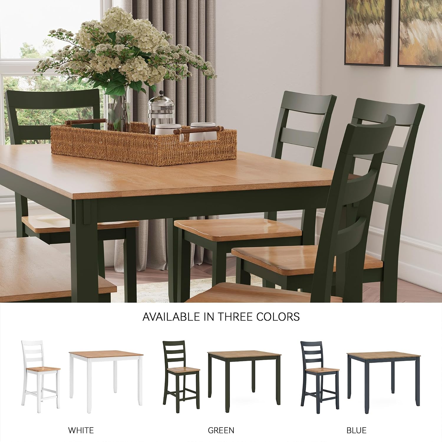 Signature Design by Ashley Gesthaven Counter Height Dining Set, 5-Piece Bar Table and Chairs Set with Butcher Block Top, Casual Green and Light Natural Mango Wood
