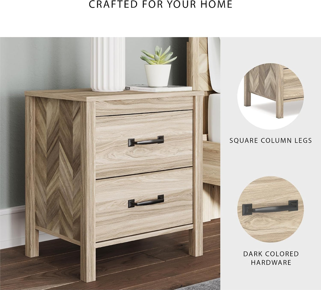 Signature Design by Ashley Battelle Mid-Century Modern Nightstand with Chevron Pattern, 2 Storage Drawers, Dark-Color Hardware, Wood, 24.5" High, Light Brown