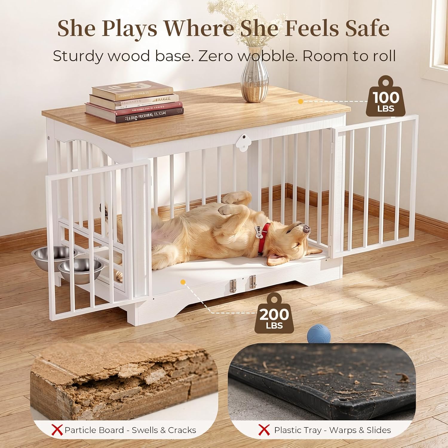 Dog Crate Furniture 38in, Wooden Indoor Pet Kennel End Table with 360 Degree Rotating Feeder Door, Secure Double Latches and Solid Base for Medium Dogs, Natural and White