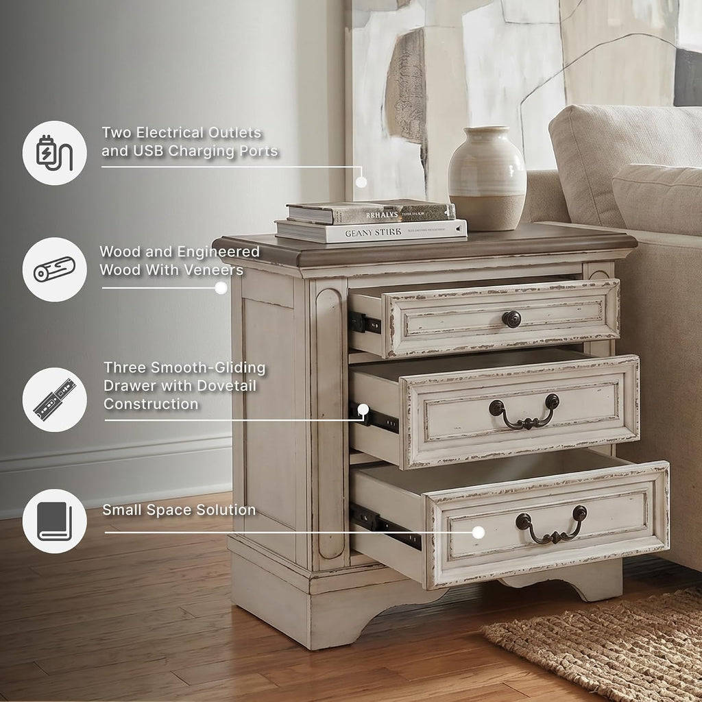 Signature Design by Ashley Realyn Nightstand with USB Charging Station, French Country 3 Drawer Bedside Table for Bedroom, Veneers, Wood and Engineered Wood, with Cast Resin Components, 27 Inches