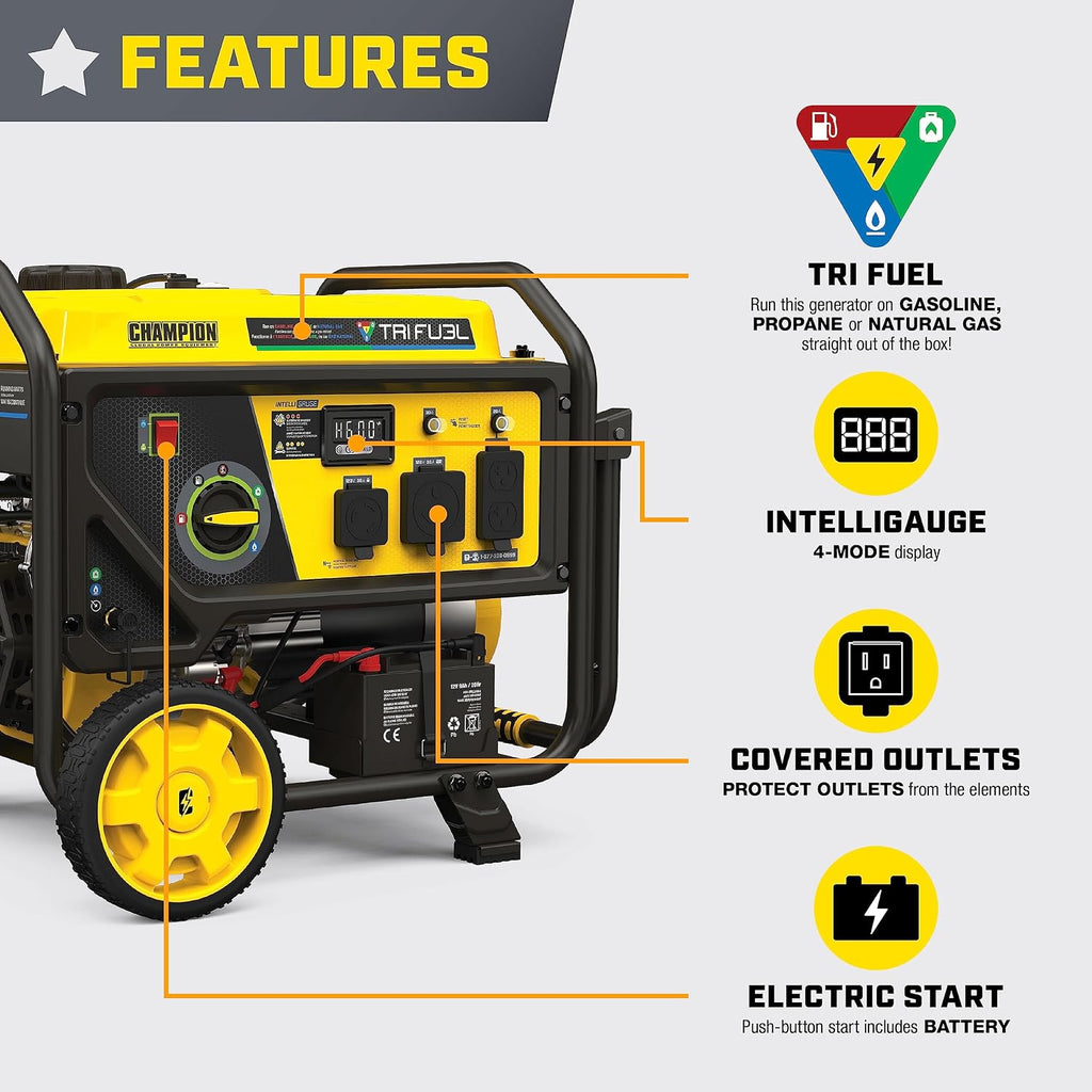 Champion Power Equipment 5000-Watt Electric Start Tri Fuel RV Ready Portable Generator with Free 3-Year Warranty