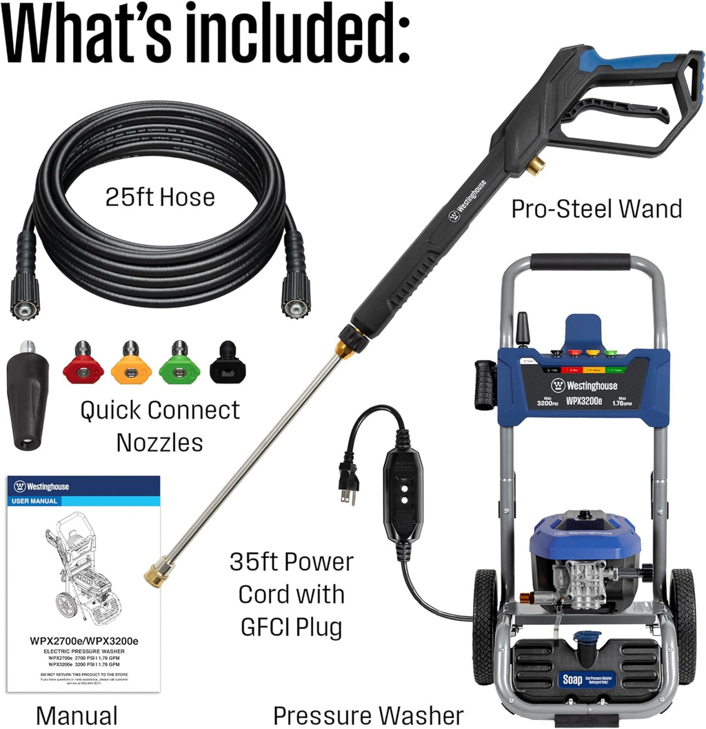 Westinghouse WPX3200e Electric Pressure Washer, 3200 Max PSI and 1.76 Max GPM, Universal Motor, Onboard Soap Tank, Spray Gun and Wand, 5 Nozzle Set, for Cars/Fences/Driveways/Homes/Patios/Furniture