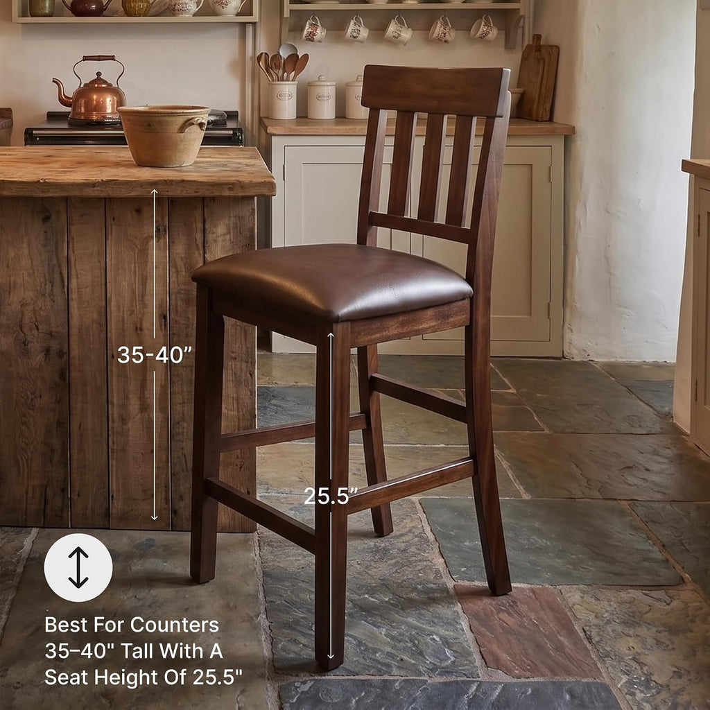 Signature Design by Ashley Haddigan Upholstered Barstool, 2 Count, Slat Back Design, Cushioned Seat, Wood, 25.5" H, Dark Brown