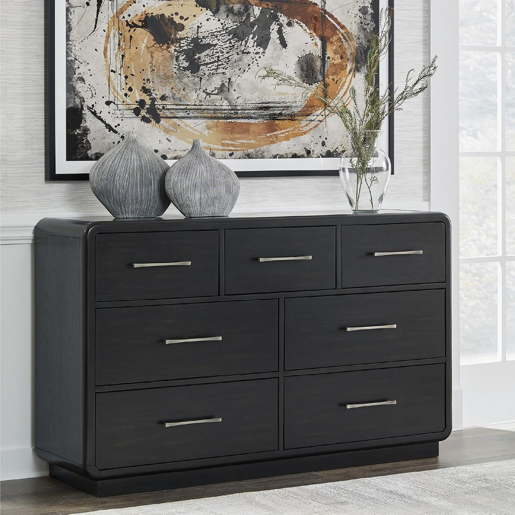 Signature Design by Ashley Rowanbeck Modern Seven-Drawer Dresser with Waterfall Edges, Nickel-Tone Hardware, Wood and Ash Veneer, Black Finish, 63.75' W