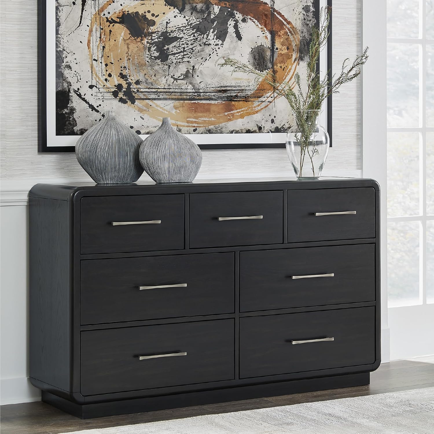 Signature Design by Ashley Rowanbeck Modern Seven-Drawer Dresser with Waterfall Edges, Nickel-Tone Hardware, Wood and Ash Veneer, Black Finish, 63.75' W