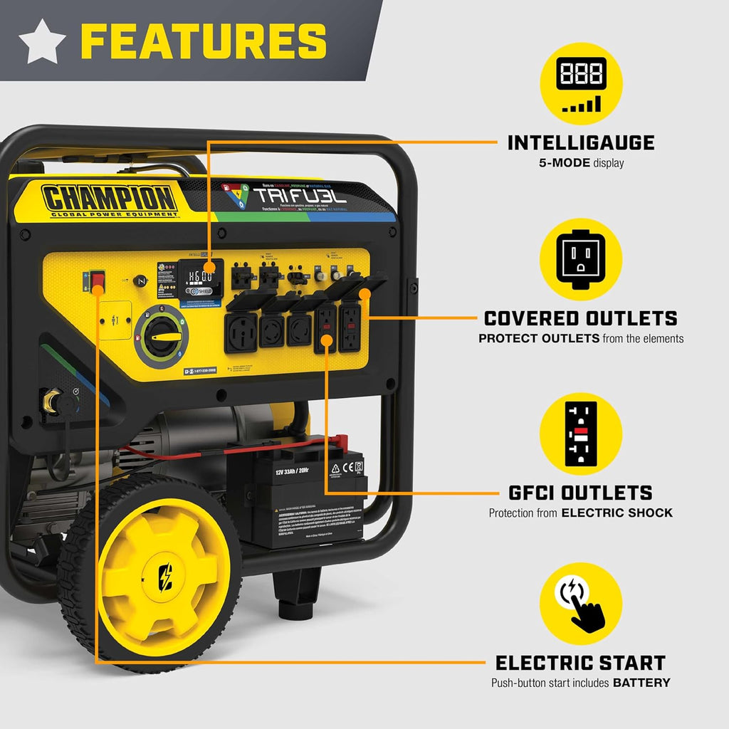 Champion Power Equipment 16,875-Watt Electric Start Tri Fuel Home Backup Portable Generator, Free 3-Year Warranty