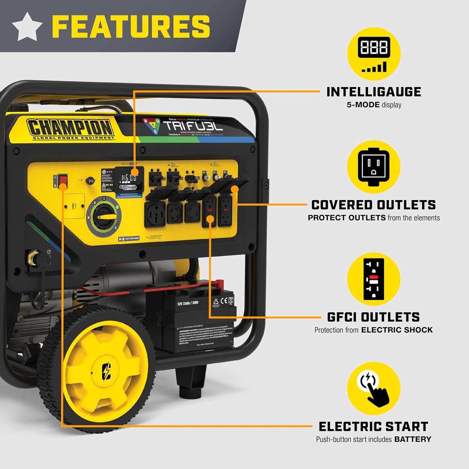Champion Power Equipment 16,875-Watt Electric Start Tri Fuel Home Backup Portable Generator, Free 3-Year Warranty