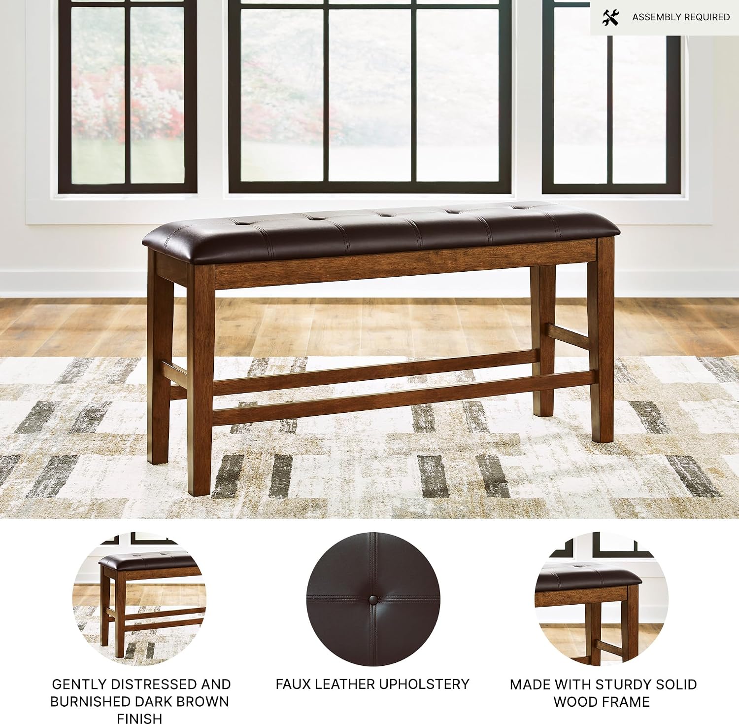Signature Design by Ashley Ralene Classic Tufted Faux Leather Upholstered Counter Height Dining Bench with Distressed Finish, Dark Brown