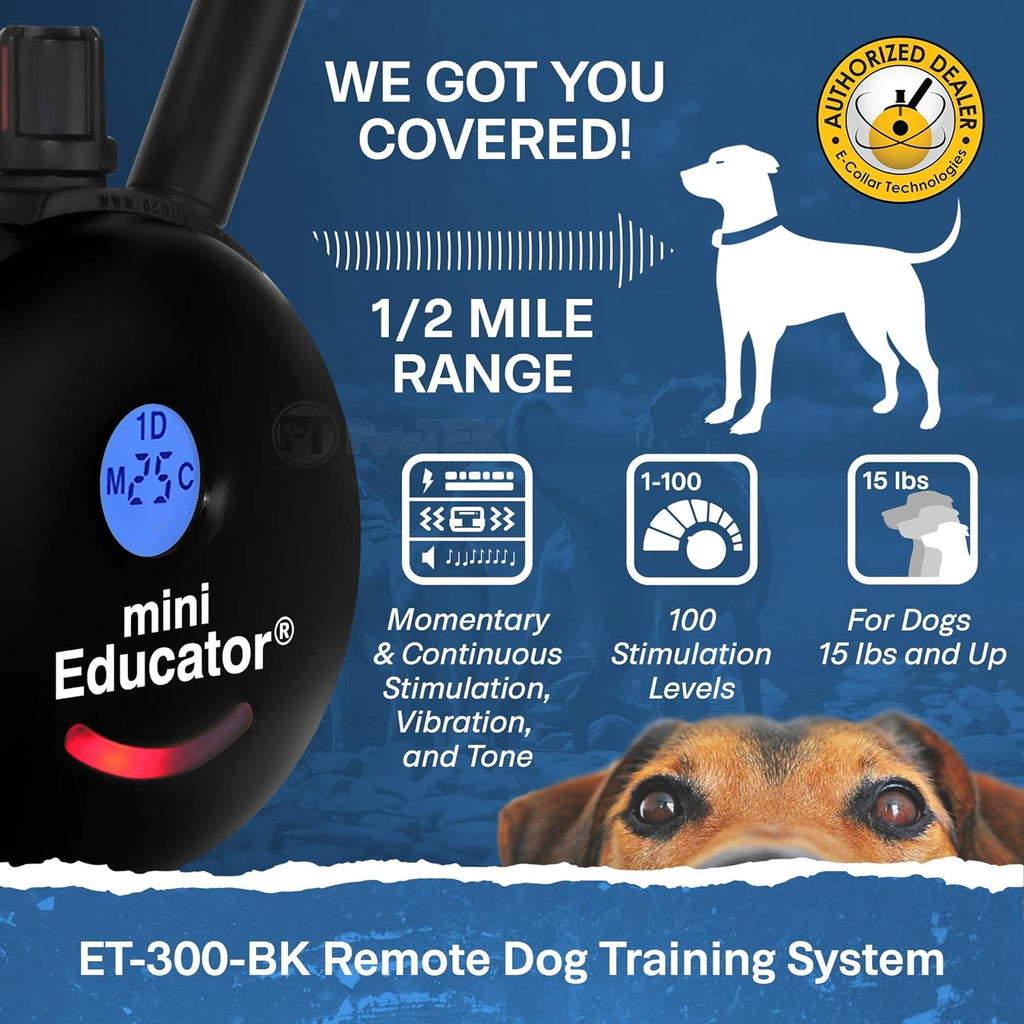 Educator ET-300 Black Mini E Collar for Dog Training with Remote - 1/2 Mile Range, Waterproof, 100 Blunt Stimulation Levels, Tone or Vibration Mode, Night Light Tracking for Small, Medium & Large Dogs