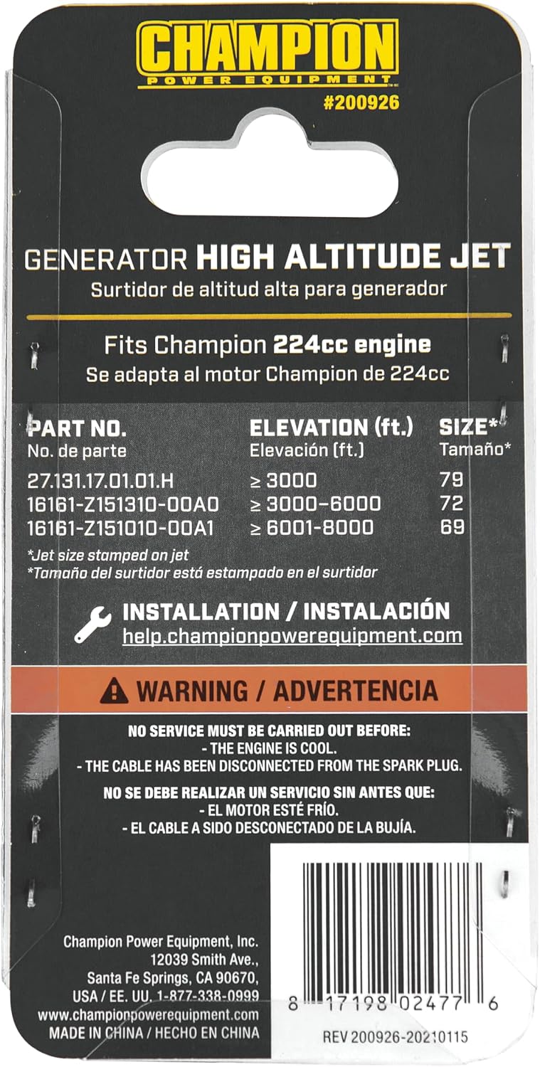 Champion Power Equipment High Altitude Jet Kit for Champion 224cc Engines