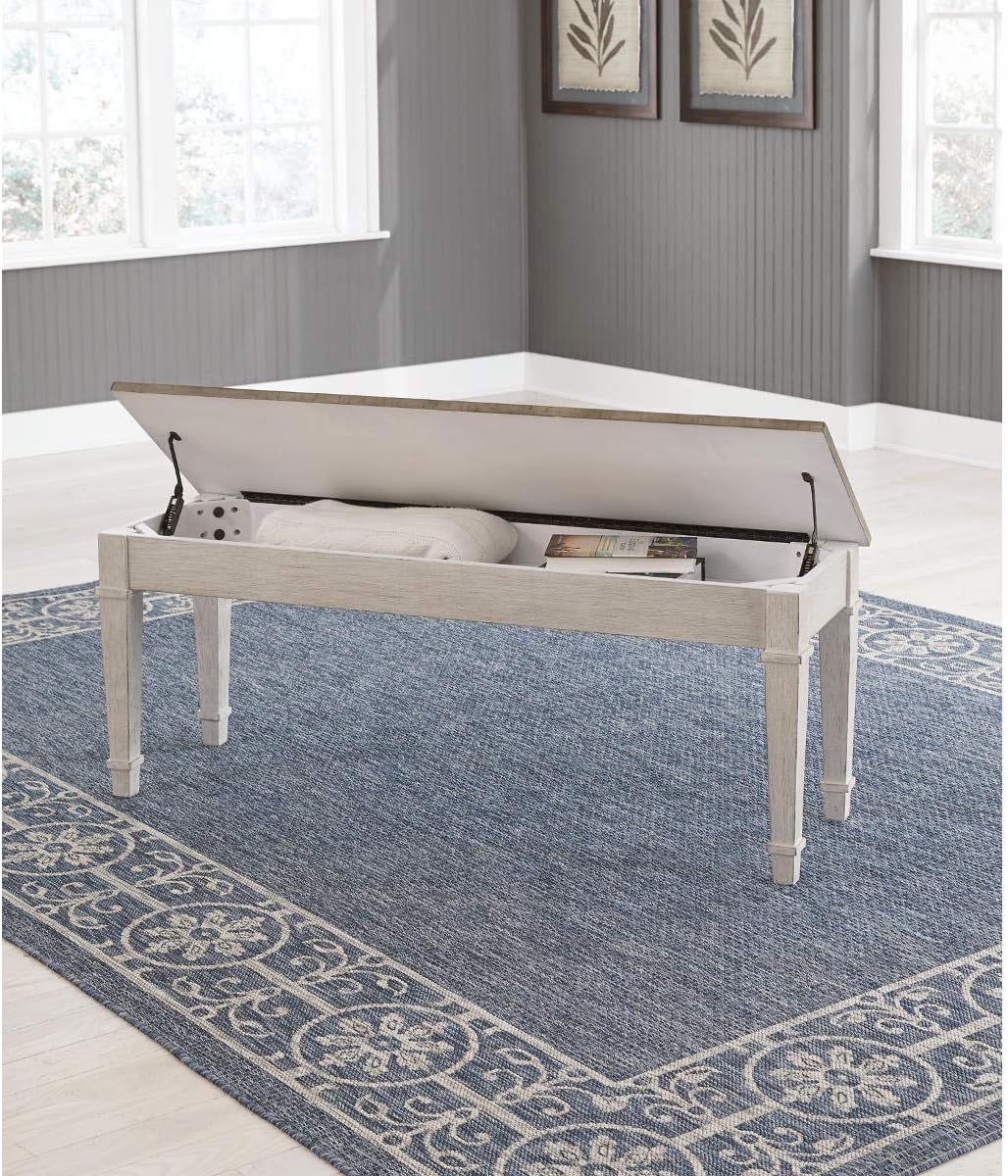 Signature Design by Ashley Skempton Farmhouse Storage Bench, Distressed Finish, Seat With Hidden Storage, Wood, 48" W x 15" D x 18.5" H, White & Light Brown