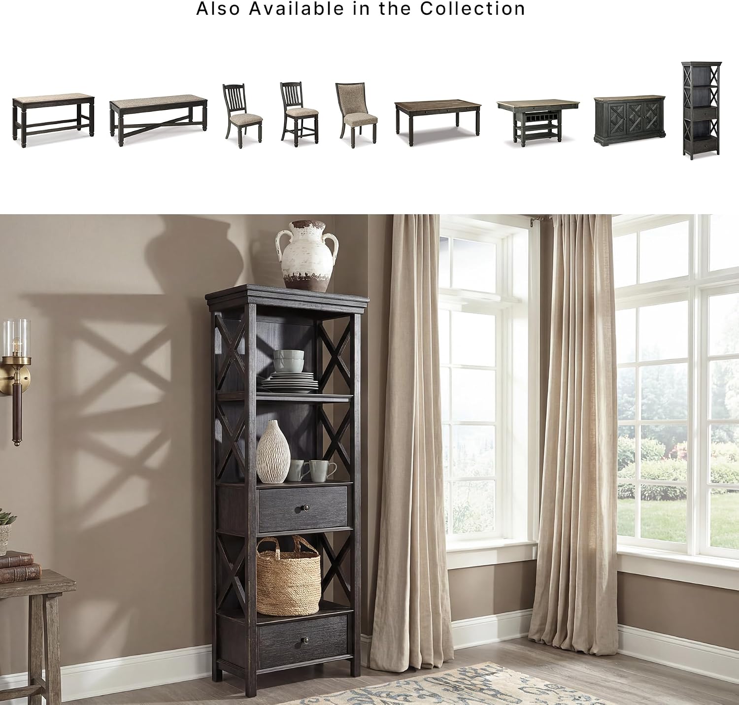 Signature Design by Ashley Tyler Creek Casual Farmhouse 75" Display Cabinet or Bookcase with Drawers and Shelf, Open Lattice Sides, Wood, Gray Black Finish