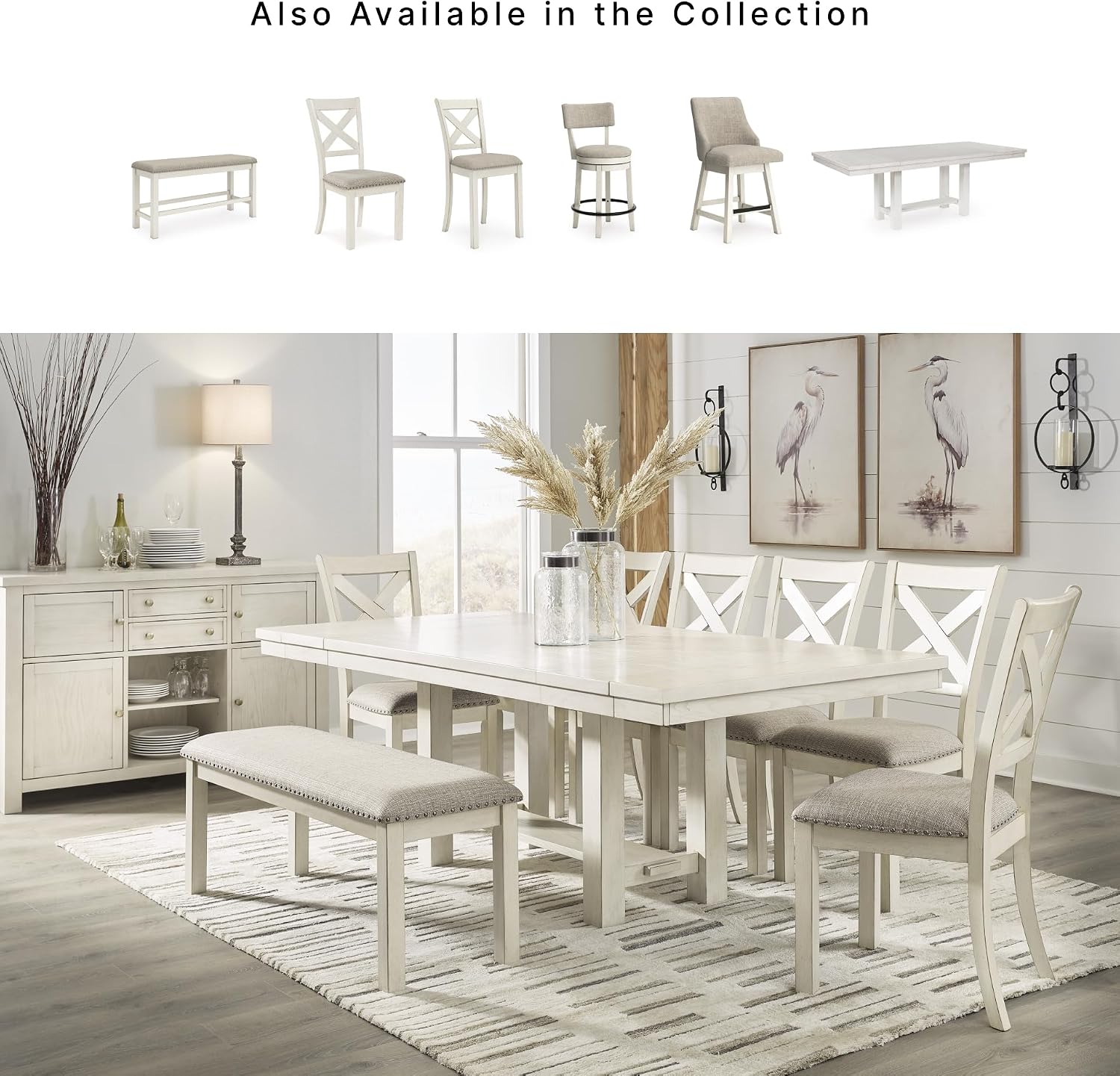 Signature Design by Ashley Robbinsdale Casual Removable Center Leaf Dining Extension Table with Trestle Base, Wood, Ash Veneer, Tabletop with Planked Effect, 2 Removable Center Leaves, Seats 8, White