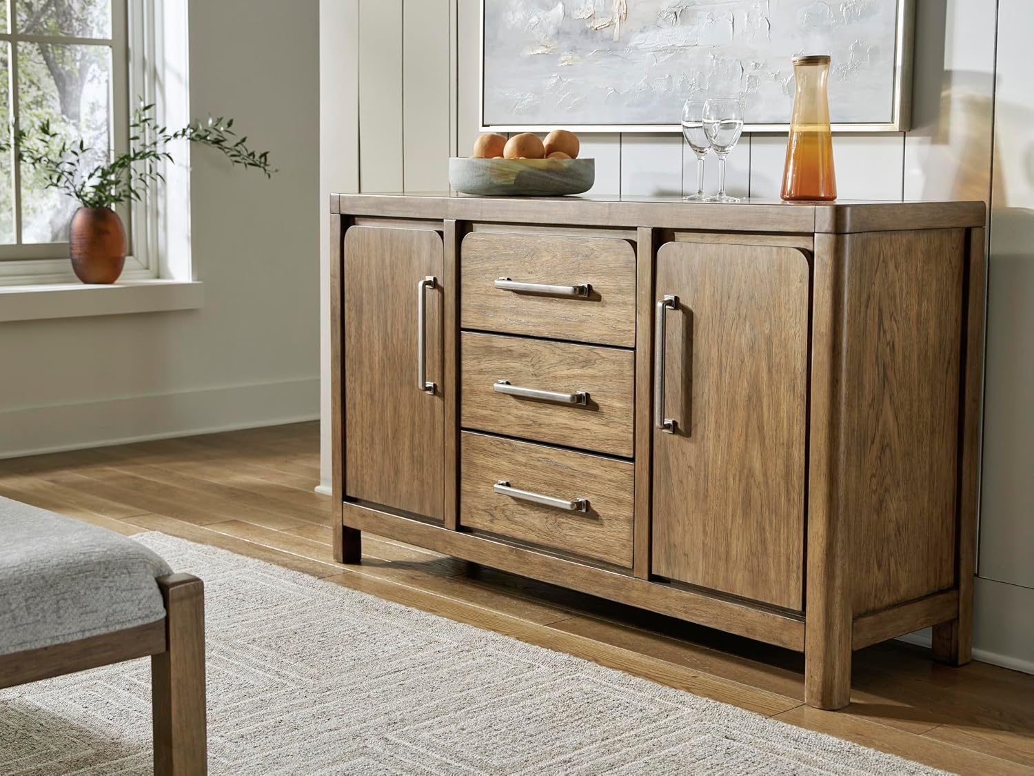 Signature Design by Ashley Cabalynn Farmhouse Glazed 2-Door Dining Server with Adjustable Shelves and 3 Drawers, Light Brown