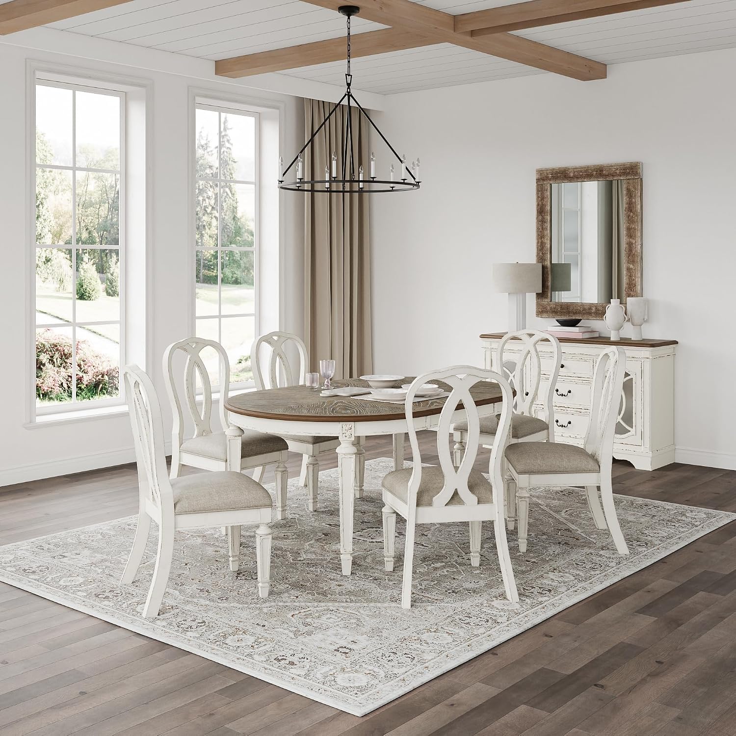 Signature Design by Ashley Realyn French Country Distressed Dining Room Server, 3 Drawers, 2 Cabinet Doors, Wood, 59" W x 17" D x 36.5" H, Chipped White