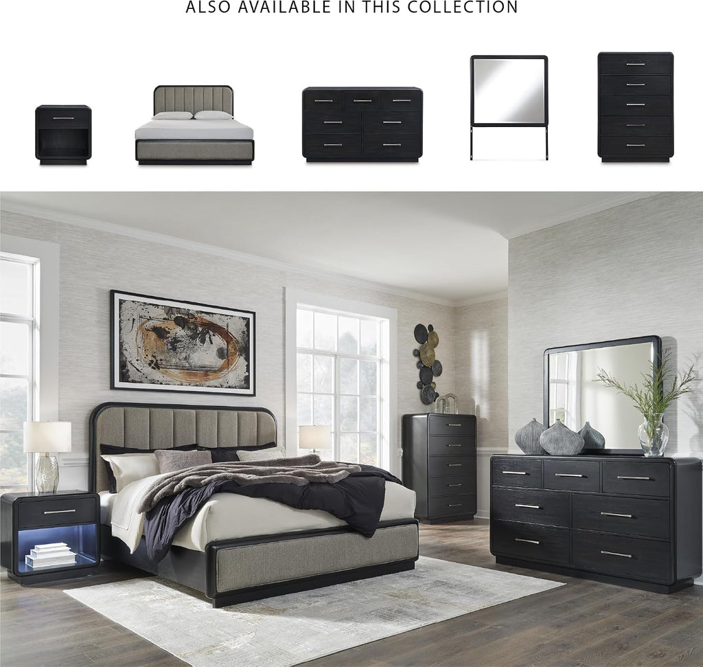 Signature Design by Ashley Rowanbeck Modern Seven-Drawer Dresser with Waterfall Edges, Nickel-Tone Hardware, Wood and Ash Veneer, Black Finish, 63.75' W