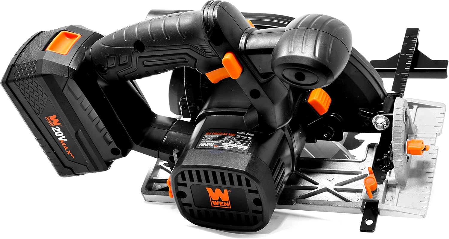 WEN Cordless Circular Saw, 6.5-Inch Blade with 20V Max 4.0 Ah Lithium-Ion Battery and Charger (20625)
