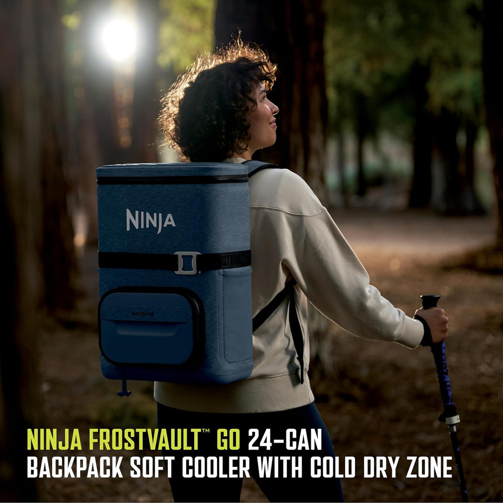 Ninja Backpack Cooler | FrostVault Go 24 Can Soft Cooler | Leakproof Zipper with Built in Can Opener, 2 Ice Packs & Dry Storage Drawer | for Hiking, Camping & More | Halocline Green | FF124TL