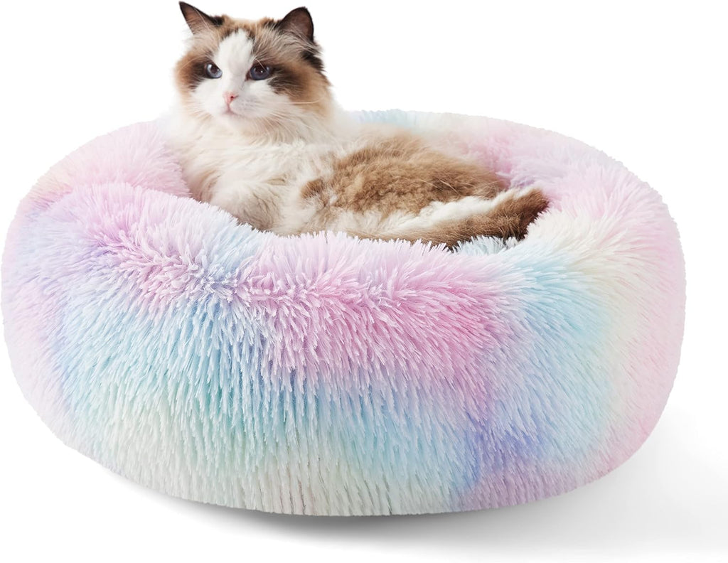 Bedsure Calming Dog Bed Medium Size Dog - Donut Washable Medium Pet Bed, 30 inches Anti-Slip Round Fluffy Plush Faux Fur Cat Bed, Fits up to 45 lbs Pets, Camel