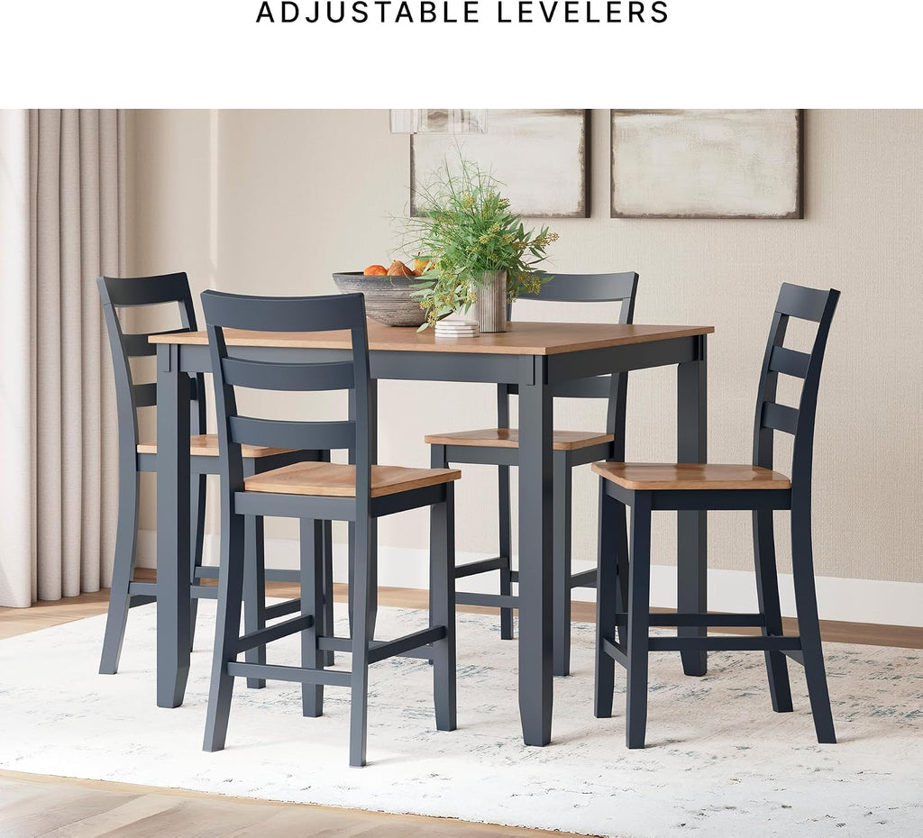 Signature Design by Ashley Gesthaven Counter Height Dining Table Set 4 Bar Stools, Butcher Block Veneer Top, Natural Mango Wood and Dark Slate Blue, 41.88" Square