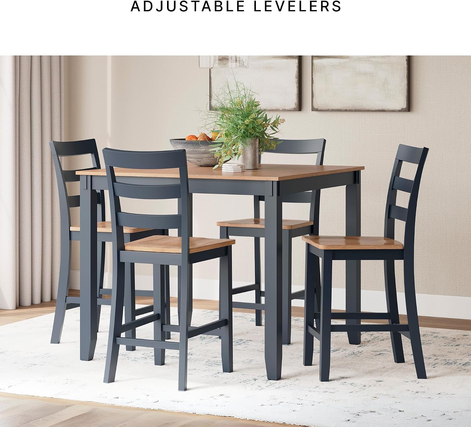 Signature Design by Ashley Gesthaven Counter Height Dining Table Set 4 Bar Stools, Butcher Block Veneer Top, Natural Mango Wood and Dark Slate Blue, 41.88" Square