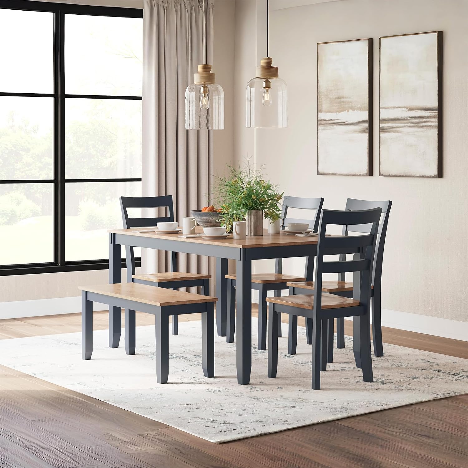 Signature Design by Ashley Gesthaven Casual Dining Room Table Set with 4 Chairs and Bench, Set of 6, Mango Wood, 30.25" Table Height, Blue & Light Brown