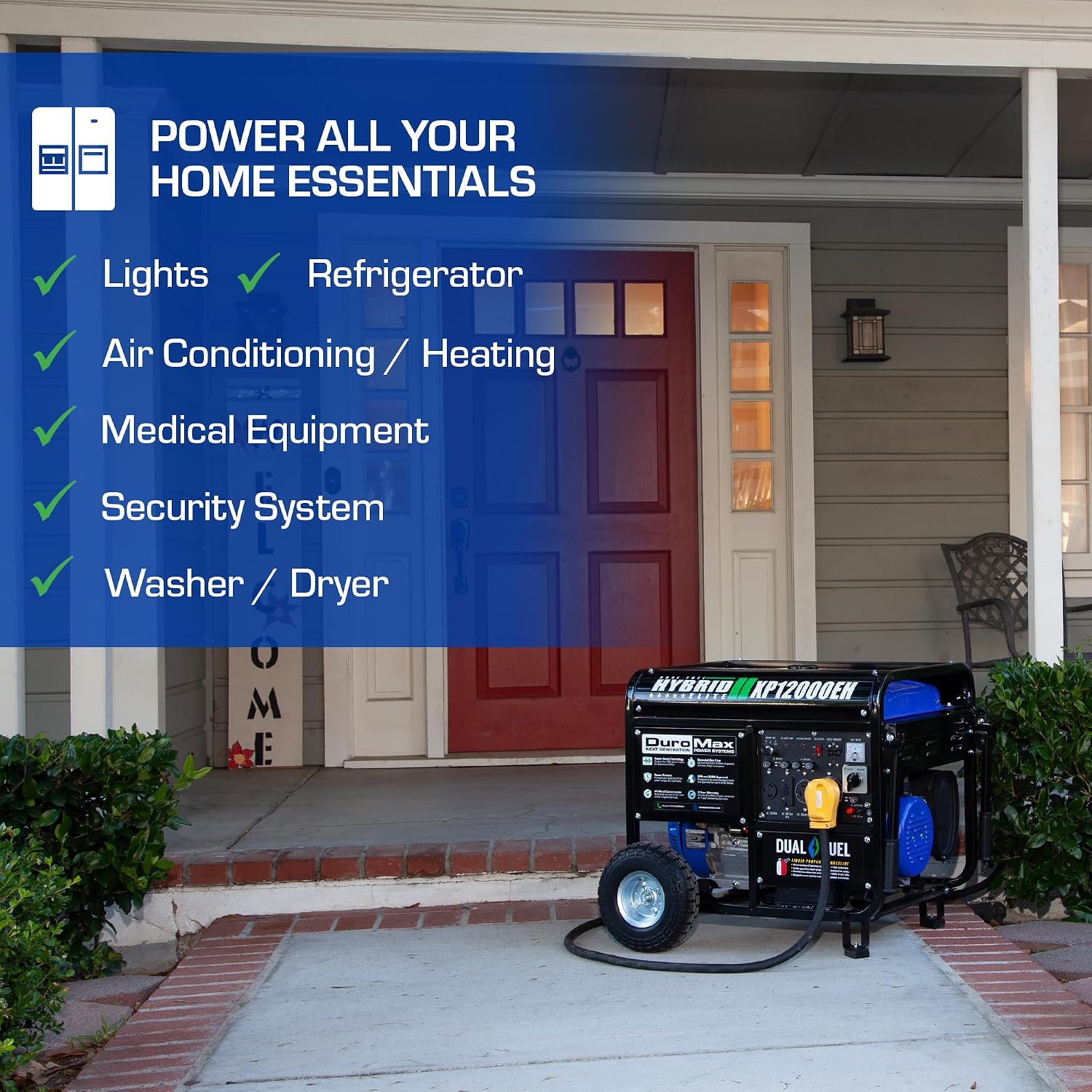 DuroMax XP12000EH 12,000-Watt Dual Fuel Portable Generator – Gas & Propane, Electric Start, Whole Home Backup Power, Transfer Switch Ready, RV & Emergency Ready